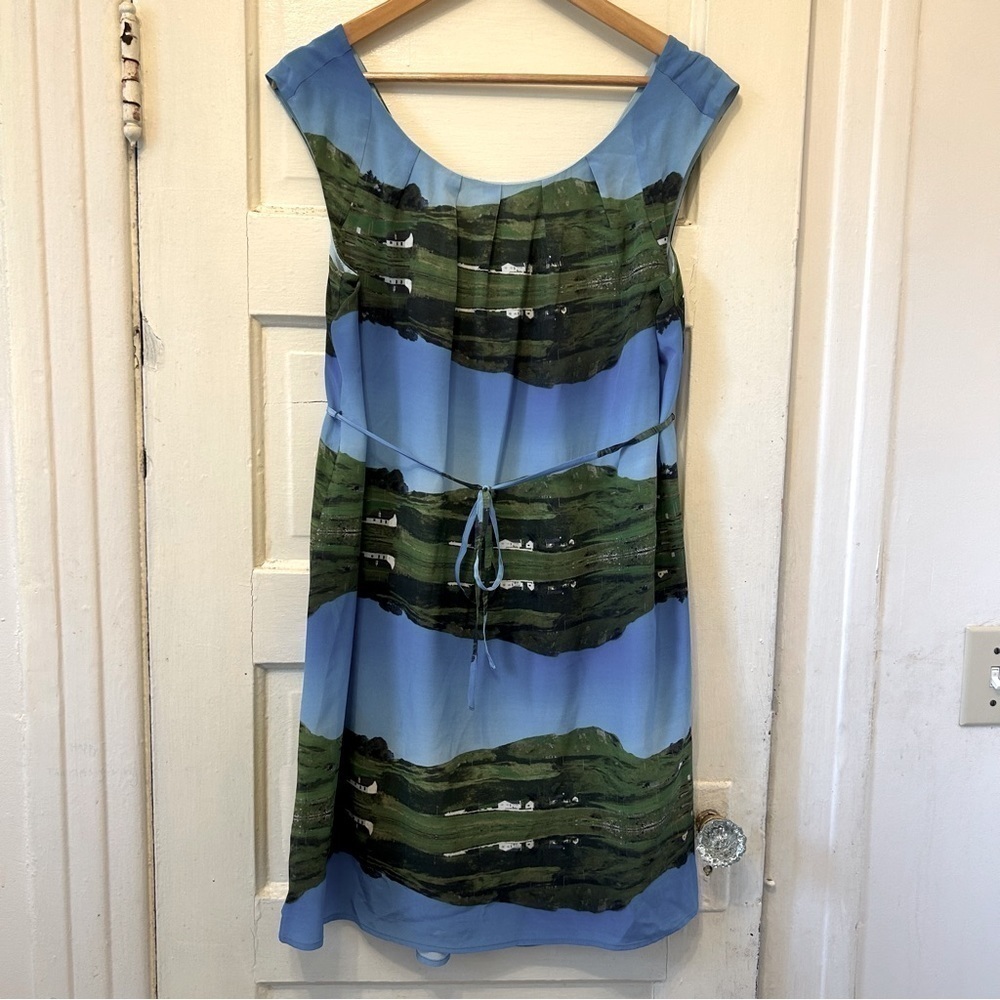 Anthropologie Meadow Rue Silk Shift Dress Sz 8US Blue Green Scene Lined Belt